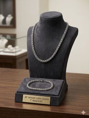 New Wheat-Link Chain Necklace (20”) with Matching Bracelet (7”) Stainless Steel